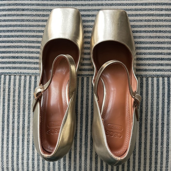 🆕 9 ASOS Design Selene Gold Metallic Mary Jane Chunky Square Heel NWT - Picture 2 of 10